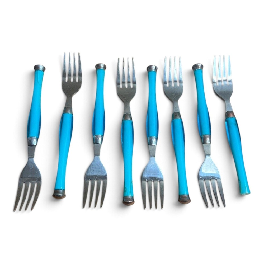 Gibson Stainless Steel Forks Set of 8 Turquoise Blue Tapered Plastic Handles